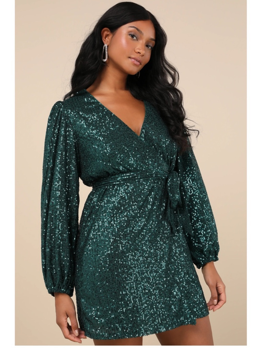 NWT Lulu’s Sparkly Darling Emerald Green Sequin Long Sleeve Wrap Mini Dress Chic - Picture 10 of 12